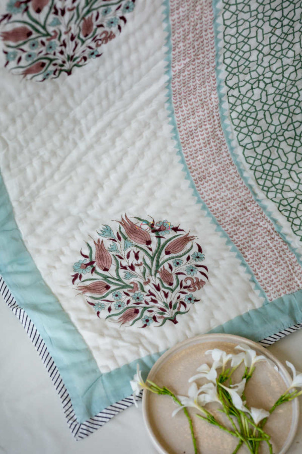 Image for Kessa Kaq25 Sinbad Blue Block Print Single Bed Quilt Closeup