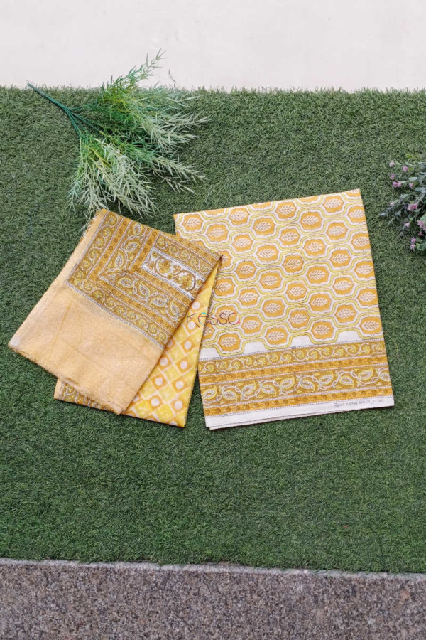 Image for Kessa Kf77 Gold Sand Block Print Cotton Dupatta Set