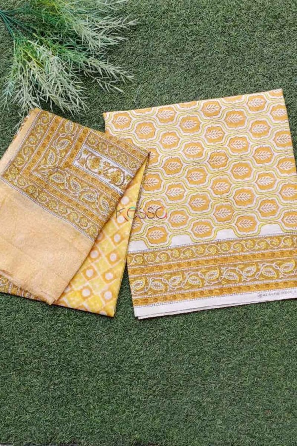 Image for Kessa Kf77 Gold Sand Block Print Cotton Dupatta Set Closeup