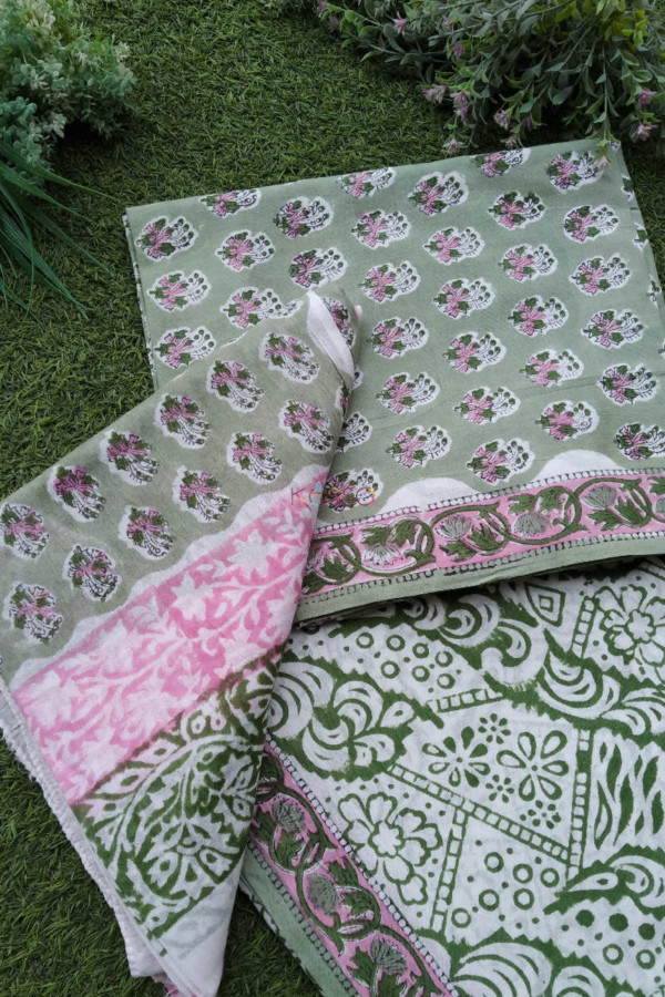 Image for Kessa Kf82 Rama Green And Pink Cotton Dupatta Full Set 3