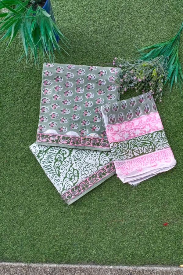 Image for Kessa Kf82 Rama Green And Pink Cotton Dupatta Full Set