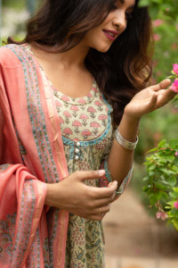 Image for Kessa Wsr103 Shadow Green And Sepia Kurta Chanderi Dupatta Set Closeup 2