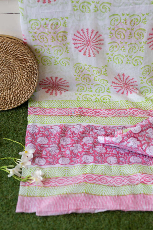 Image for Kessa Kf95 Mulberry Pink And White Fabric Cotton Dupatta Full Set Closeup