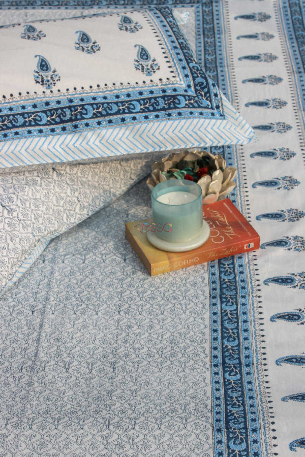 Image for Kessa Kpb02 Horizon Blue Paisley Block Print Bedsheet Set Of 3 Look 1