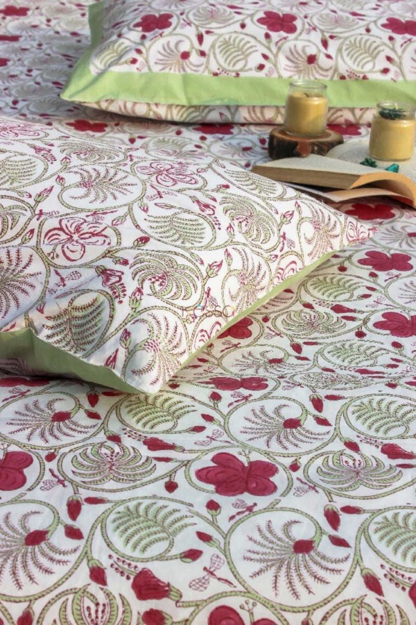 Image for Kessa Kpb03 Solid Pink Jaal Block Print Bedsheet Set Of 3 Closeup