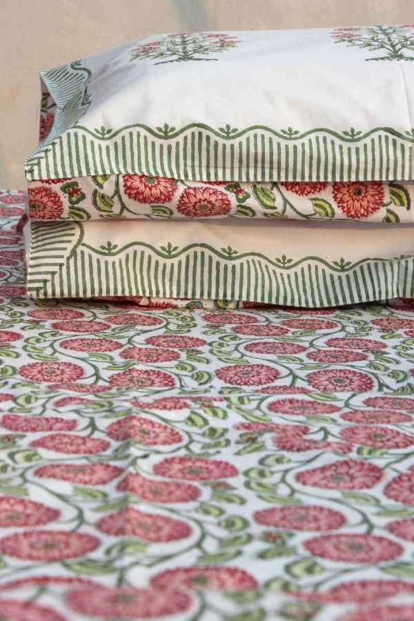 Image for Kessa Kpb04 Old Rose And Green Block Print Bedsheet Set Of 3 Closeup