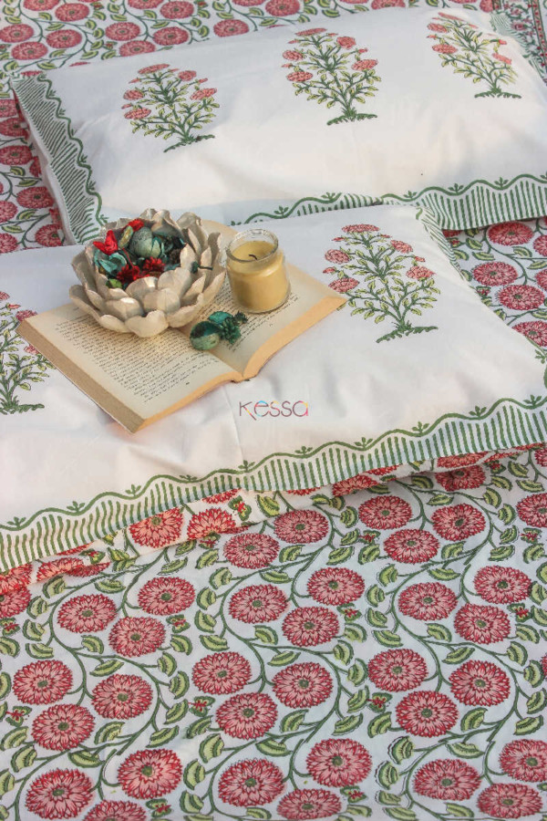 Image for Kessa Kpb04 Old Rose And Green Block Print Bedsheet Set Of 3 Featured