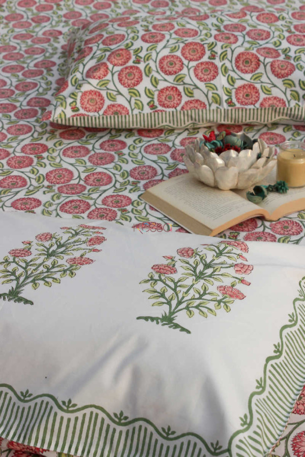 Image for Kessa Kpb04 Old Rose And Green Block Print Bedsheet Set Of 3 Look 1