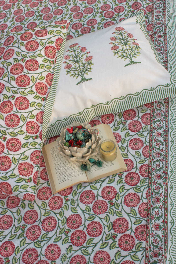 Image for Kessa Kpb04 Old Rose And Green Block Print Bedsheet Set Of 3 Look