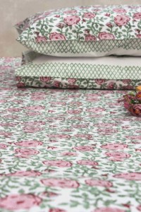 Image for Kessa Kpb05 Copper Rose And Green Block Print Bedsheet Set Of 3 Closeup