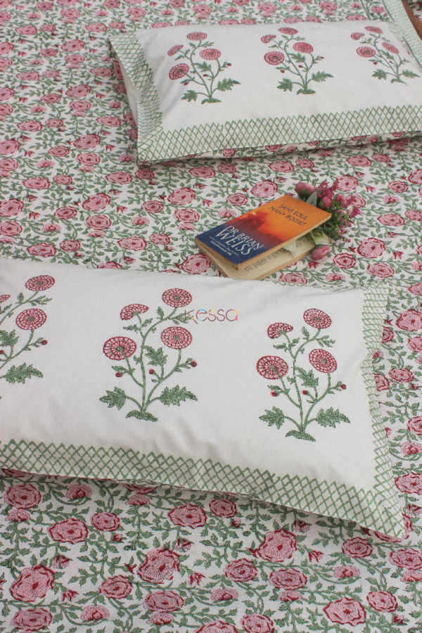 Image for Kessa Kpb05 Copper Rose And Green Block Print Bedsheet Set Of 3 Featured