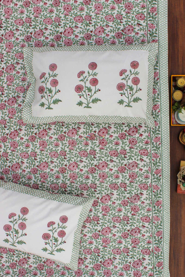 Image for Kessa Kpb05 Copper Rose And Green Block Print Bedsheet Set Of 3 Look 1