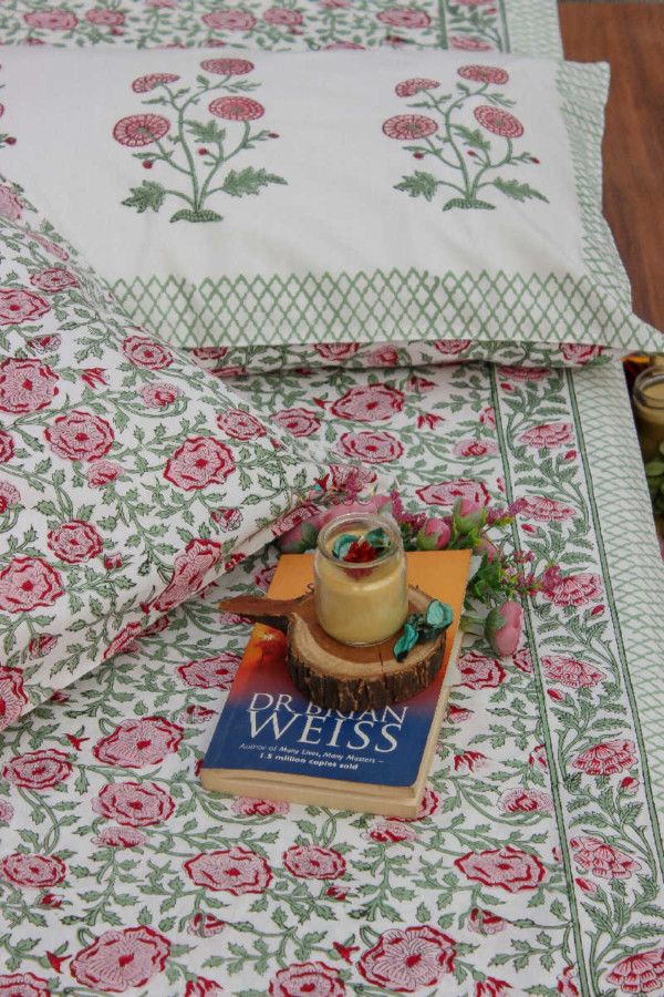 Image for Kessa Kpb05 Copper Rose And Green Block Print Bedsheet Set Of 3 Look