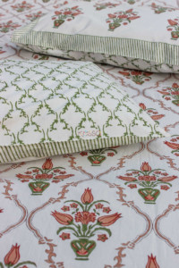 Image for Kessa Kpb06 Brandy Rose And Green Block Print Bedsheet Set Of 3 Closeup