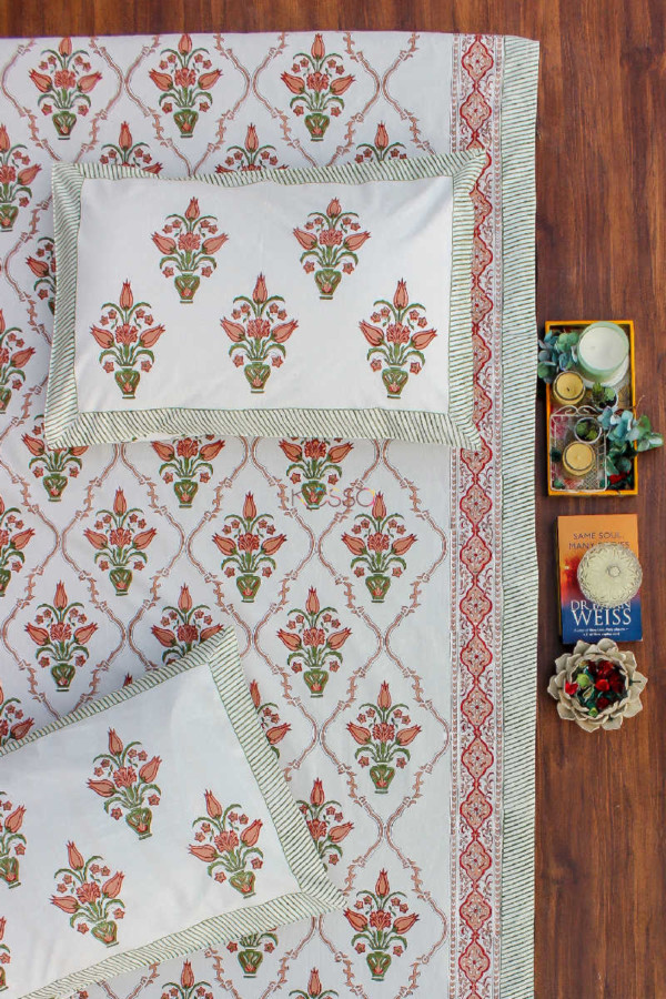 Image for Kessa Kpb06 Brandy Rose And Green Block Print Bedsheet Set Of 3 Look 1