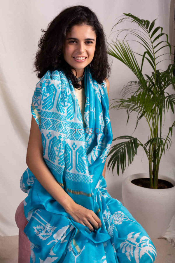 Image for Kessa Kunf08 Lochinvar Blue White Bengal Silk Saree Sitting