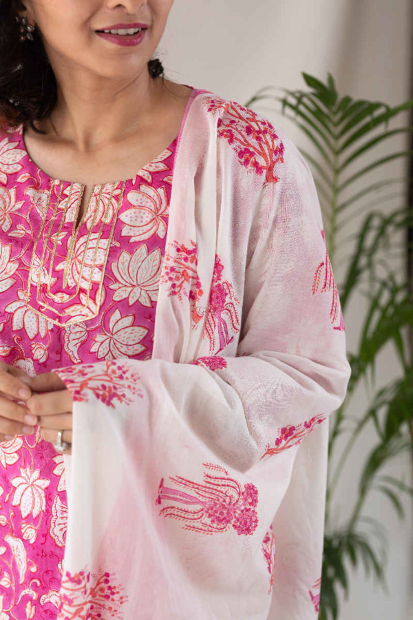 Image for Kessa Kuoj08b Pink White Lotus Jaal Kurta Dupatta Set Closeup