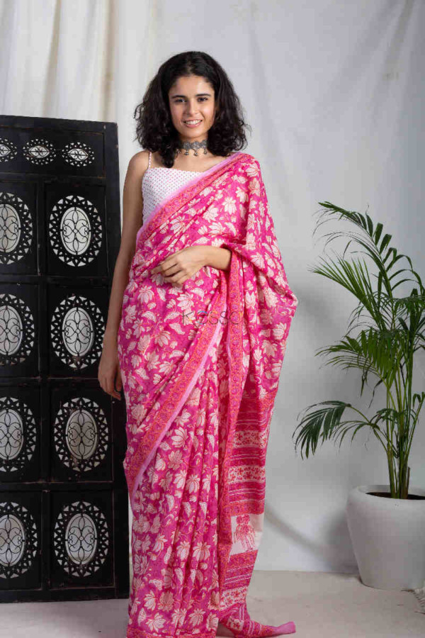 Image for Kessa Kuojs01 Lotus Pink Jaal Chanderi Saree Front