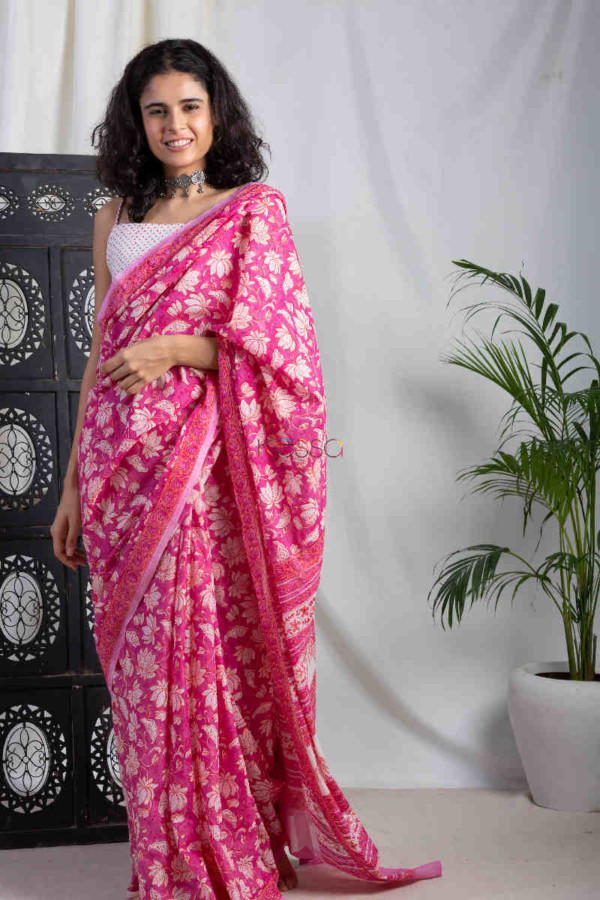Image for Kessa Kuojs01 Lotus Pink Jaal Chanderi Saree Side