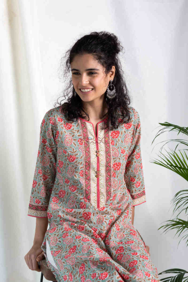 Image for Kessa Wa325a Sage Green Pink Multicolor Straight Fit Kurta Feartured
