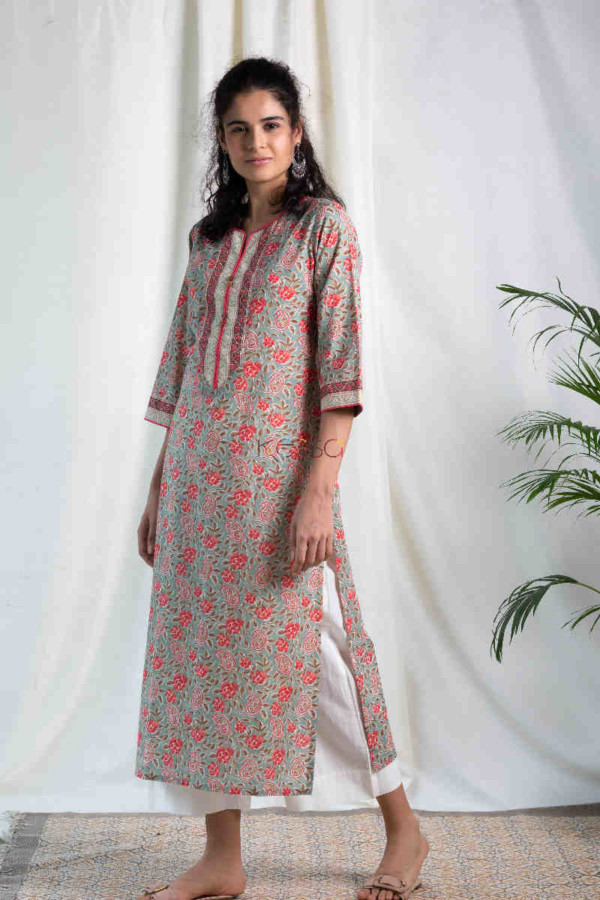 Image for Kessa Wa325a Sage Green Pink Multicolor Straight Fit Kurta Front