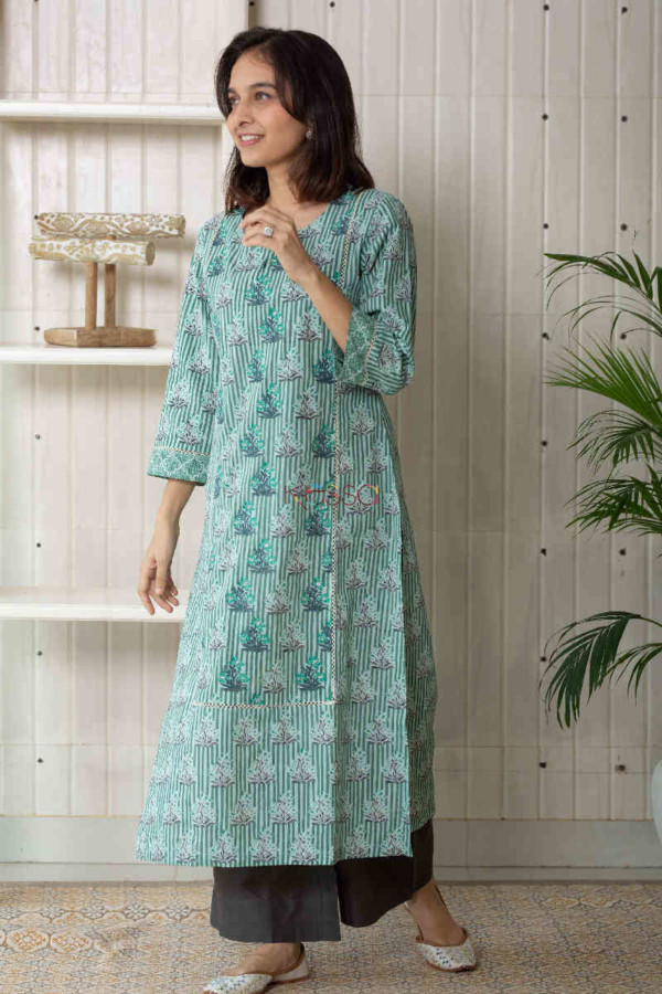 Image for Kessa Daf11 Oxley Green Grey Straight Fit Kurta Front