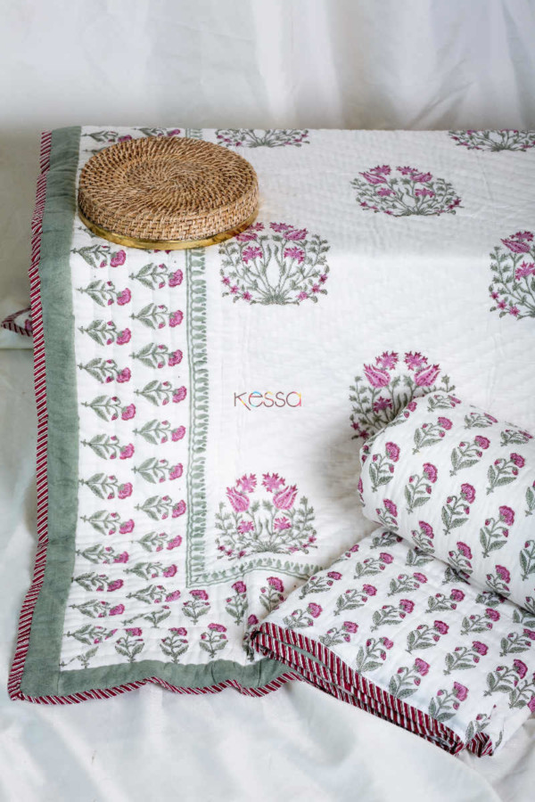 Image for Kessa Kaq53 Falcon Pink And Green Double Bed Quilt Featured