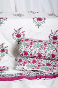 Image for Kessa Kaq54 Tapestery Pink And Green Double Bed Quilt Featured