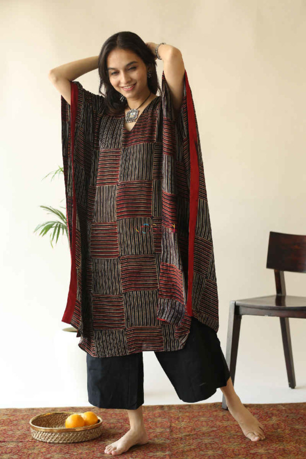 Image for Kessa Kc55 Persian Red Ajrakh Print Stripe Kaftan Sleeves Ue