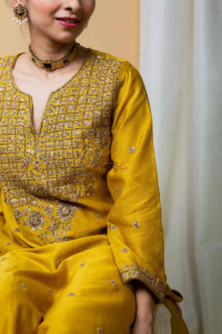 Image for Kessa Kupa07 Gamboge Yellow Chanderi Silk Kurta Closeup