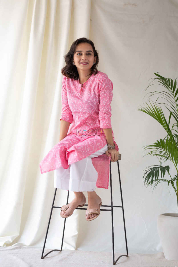 Image for Kessa Sa09 Tonys Pink Regular Wear Cotton Slub Kurta Sitting
