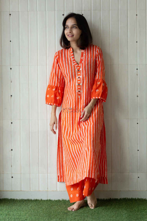 Image for Kessa Wa327a Flamingo Orange Bandhani Batik Kurta Pant Set Featured