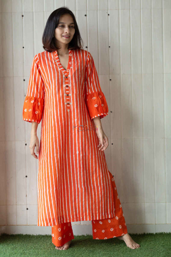 Image for Kessa Wa327a Flamingo Orange Bandhani Batik Kurta Pant Set Front