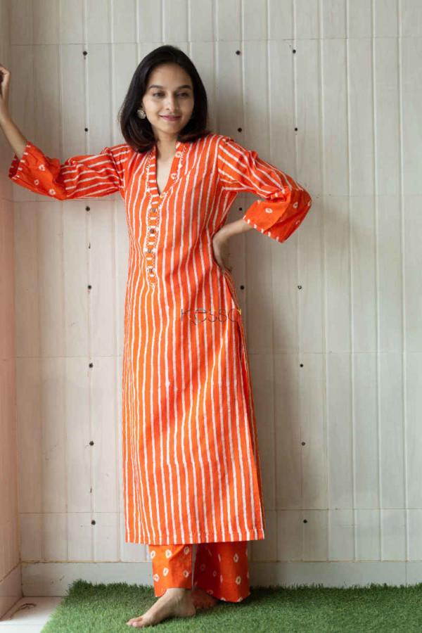 Image for Kessa Wa327a Flamingo Orange Bandhani Batik Kurta Pant Set Pose