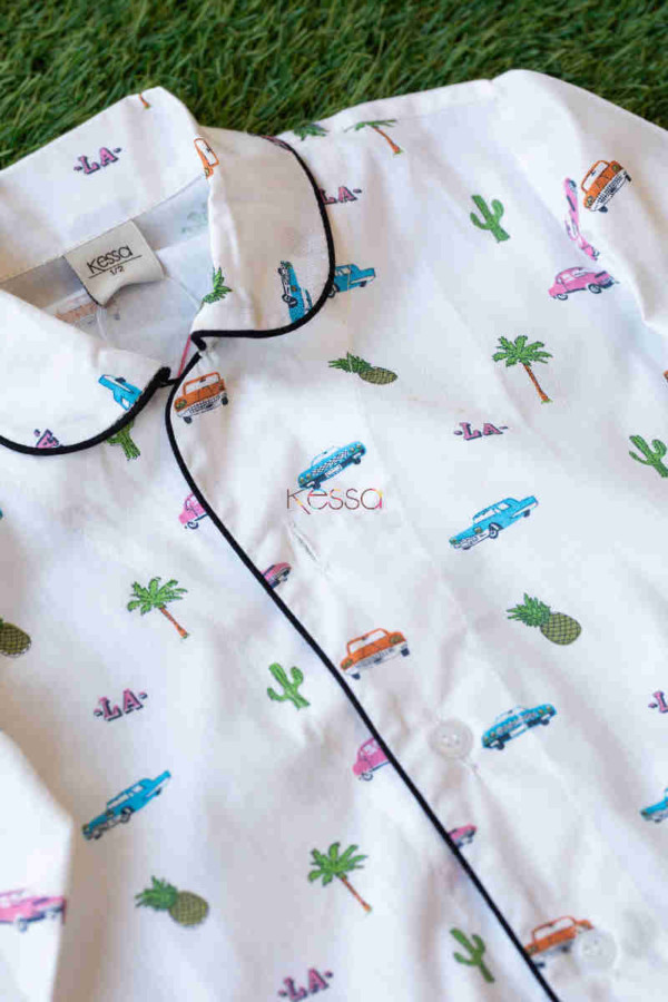Image for Ws573 White Cars Tree Mill Print Kids Night Suit Closeup
