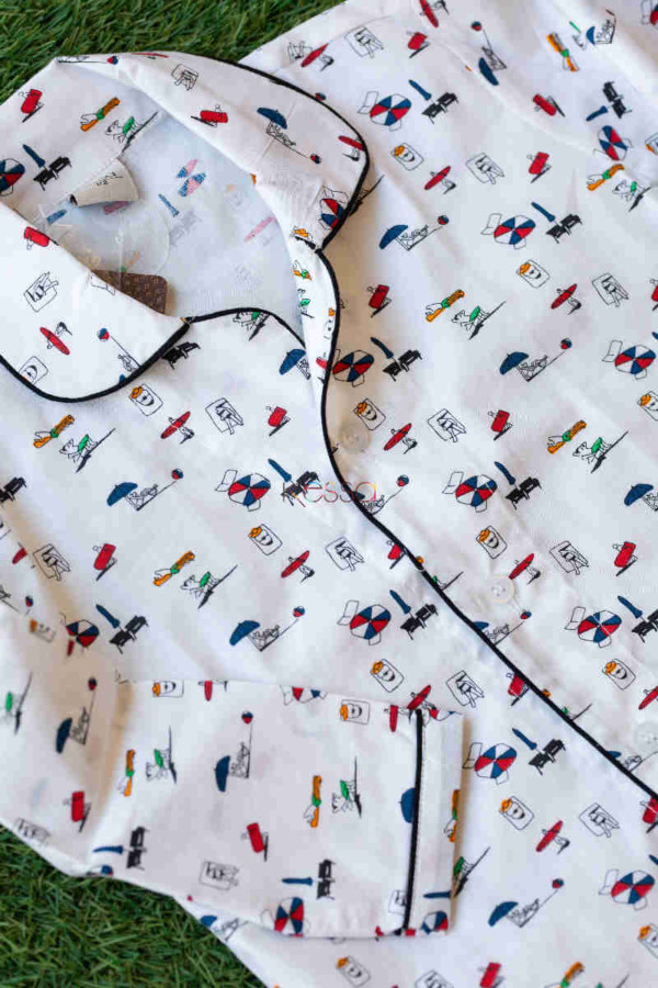 Image for Ws574 White Umbrella Mill Print Kids Night Suit Closeup