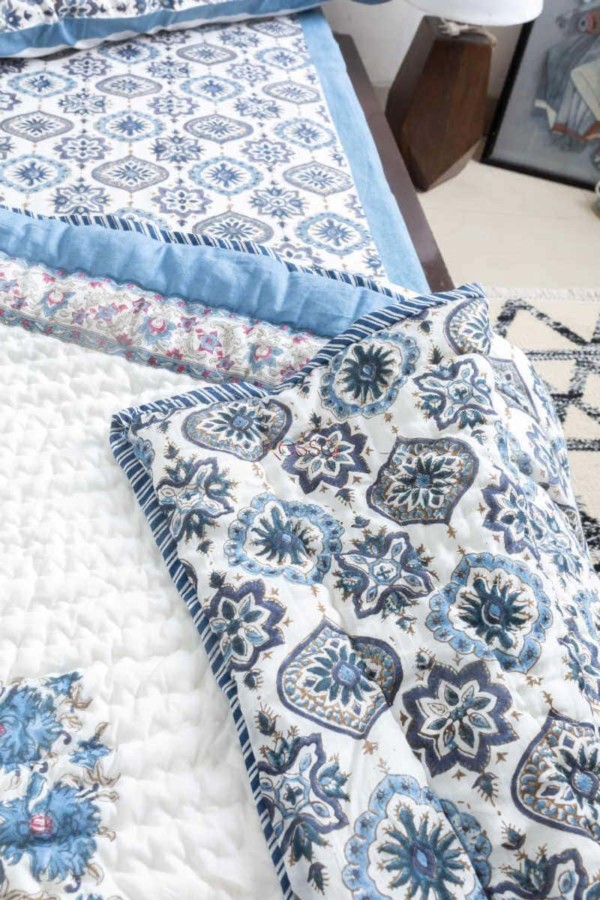 Image for Kessa Kpb27 Nepal Blue Block Print Double Bedsheet Closeup