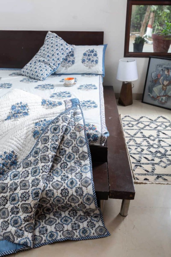 Image for Kessa Kpb27 Nepal Blue Block Print Double Bedsheet Front