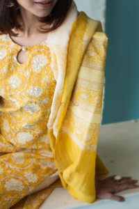 Image for Kessa Snkurta01 Saffron Yellow Chanderi Kurta Dupatta Set Closeup 1