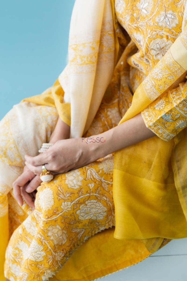 Image for Kessa Snkurta01 Saffron Yellow Chanderi Kurta Dupatta Set Closeup 2