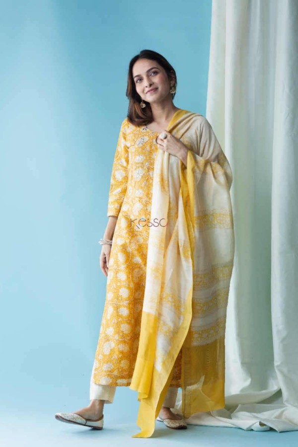 Image for Kessa Snkurta01 Saffron Yellow Chanderi Kurta Dupatta Set Featured