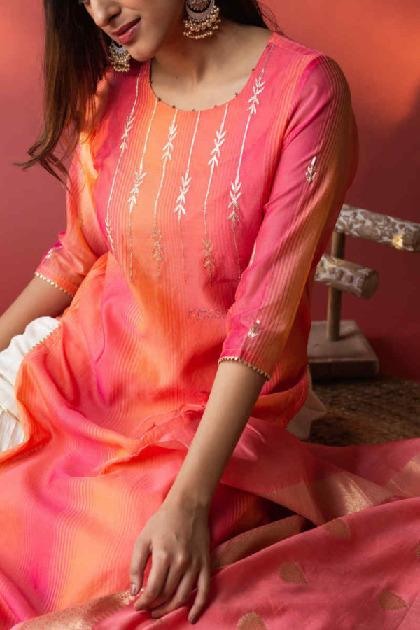 Image for Kessa Ws581 Pink Peach Chanderi Kurta Closeup