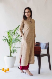 Image for Kessa Ws590 Mongoose Beige And Red South Cotton Kurta Featured