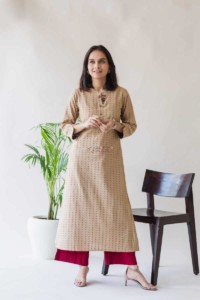 Image for Kessa Ws590 Mongoose Beige And Red South Cotton Kurta Front
