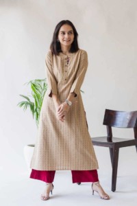 Image for Kessa Ws590 Mongoose Beige And Red South Cotton Kurta Look