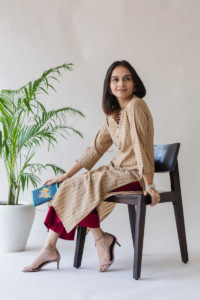 Image for Kessa Ws590 Mongoose Beige And Red South Cotton Kurta Sitting 1
