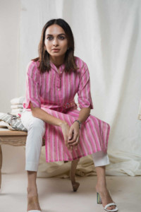 Image for Kessa Aep06 Pink Stripe Regular Kurta Sitting
