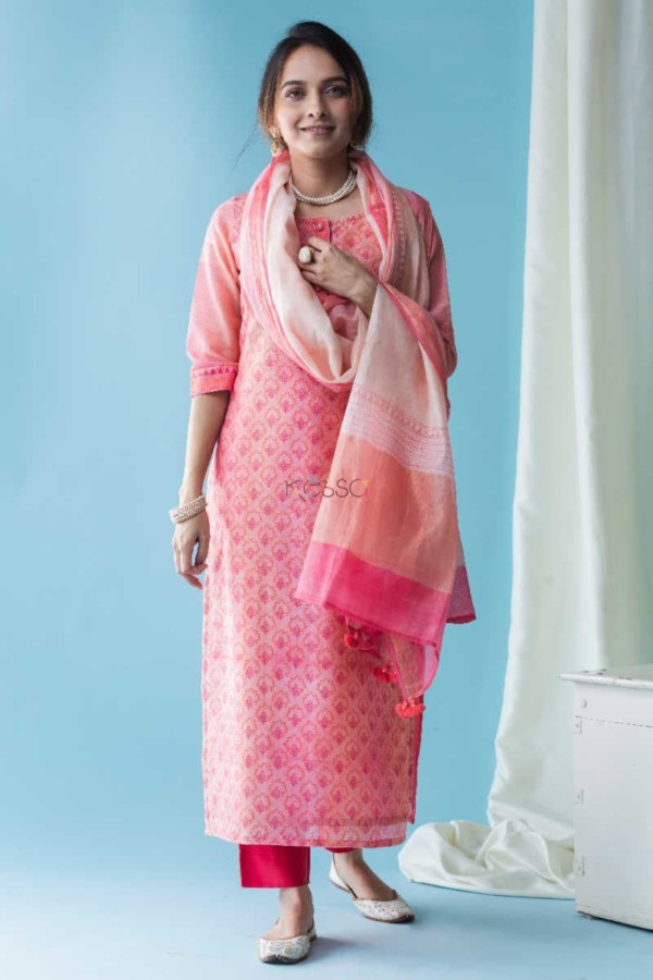 Image for Kessa Snkurta03 Salmon Pink Chanderi Kurta Dupatta Set Featured