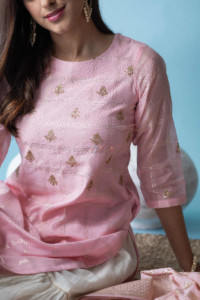Image for Kessa Ws601 Blossom Pink Chanderi Strip Kurta Closeup