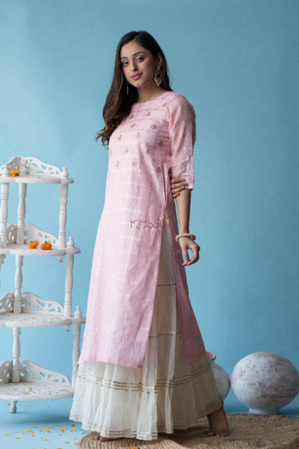 Image for Kessa Ws601 Blossom Pink Chanderi Strip Kurta Side